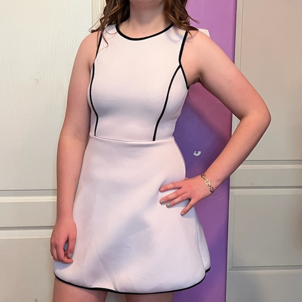 Monteau white with black ribbing dress